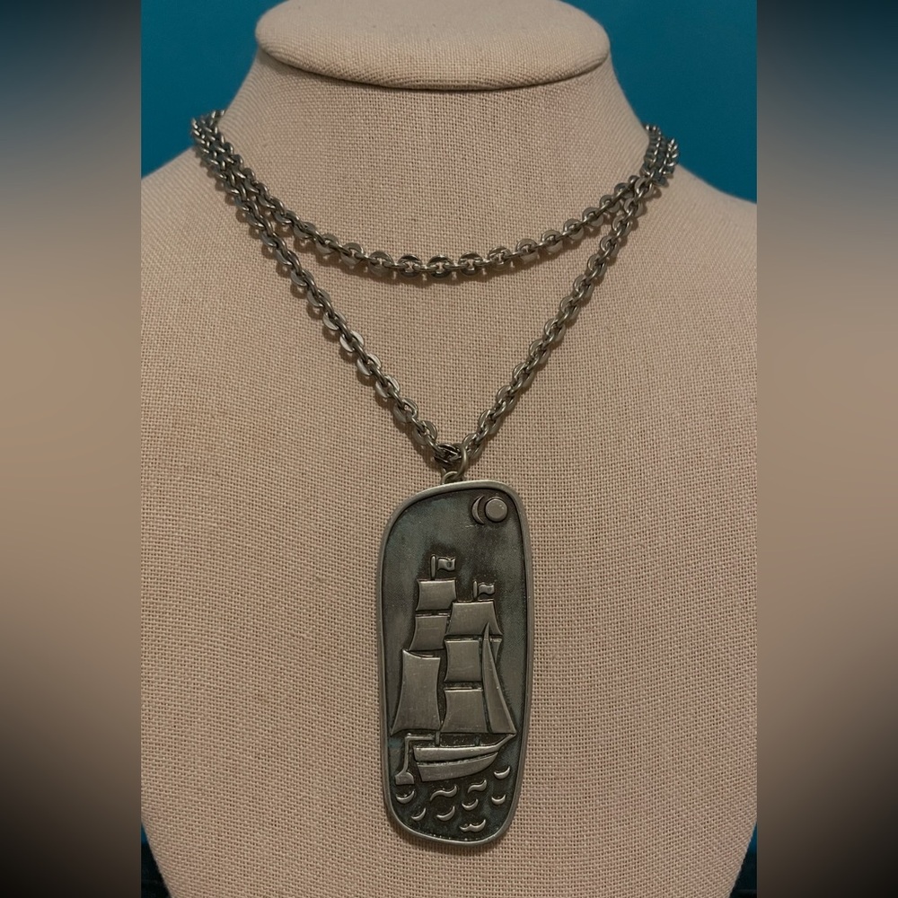 Jorgen Jensen necklace pendant pewter vintage ship boat nautical 31” chain